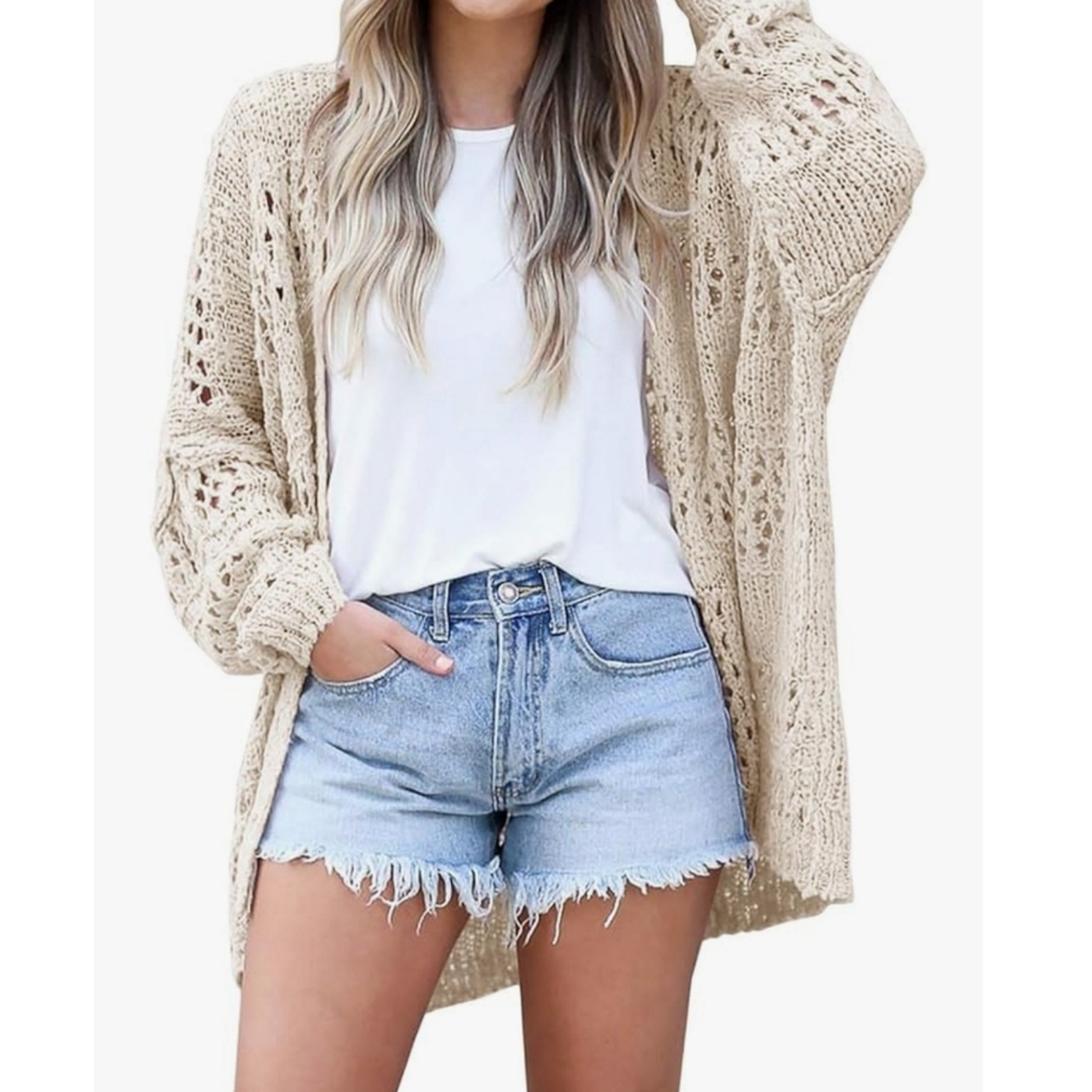Women's Cream Knit Cardigan Sweater Lightweight Summer Cardigan Netted Crochet
